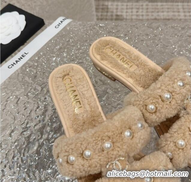 Popular Style Chanel Shearling Flat Slide Sandals with Pearls Beige 901035