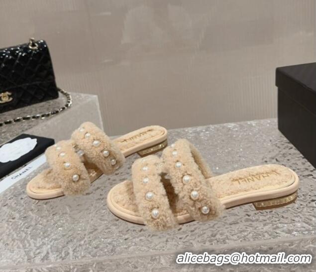 Popular Style Chanel Shearling Flat Slide Sandals with Pearls Beige 901035