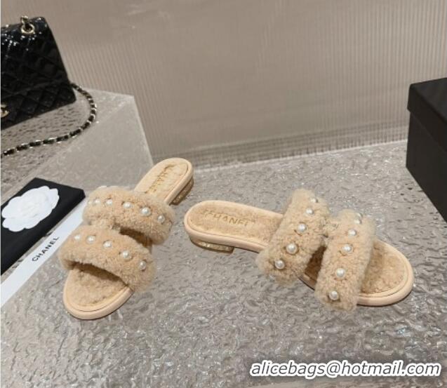 Popular Style Chanel Shearling Flat Slide Sandals with Pearls Beige 901035