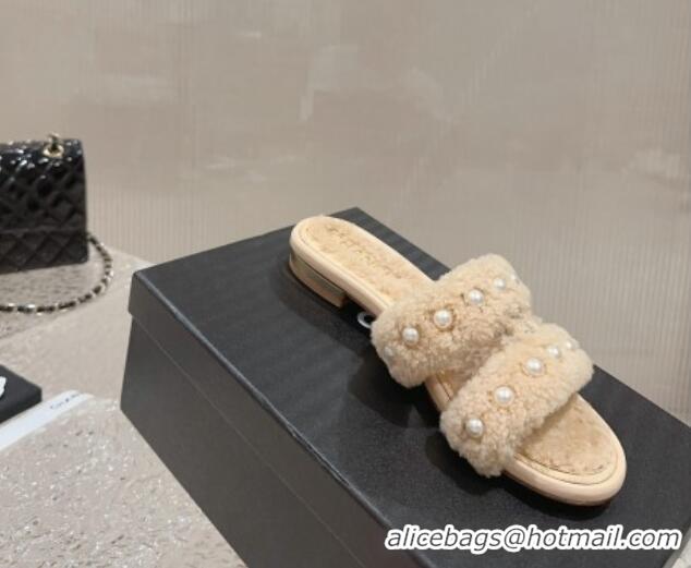 Popular Style Chanel Shearling Flat Slide Sandals with Pearls Beige 901035