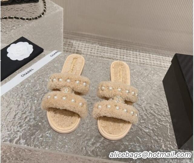 Popular Style Chanel Shearling Flat Slide Sandals with Pearls Beige 901035