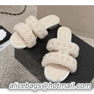 Shop Duplicate Chanel Shearling Flat Slide Sandals with Pearls White 901036