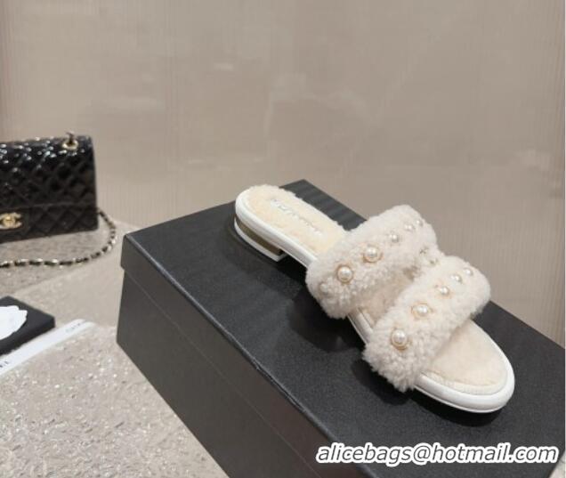 Shop Duplicate Chanel Shearling Flat Slide Sandals with Pearls White 901036