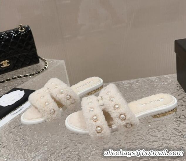 Shop Duplicate Chanel Shearling Flat Slide Sandals with Pearls White 901036