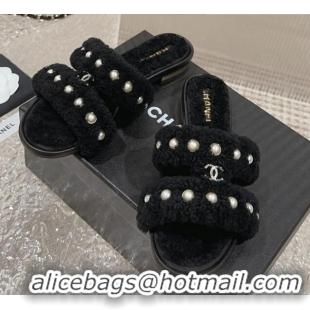 Unique Discount Chanel Shearling Flat Slide Sandals with Pearls Black 901037