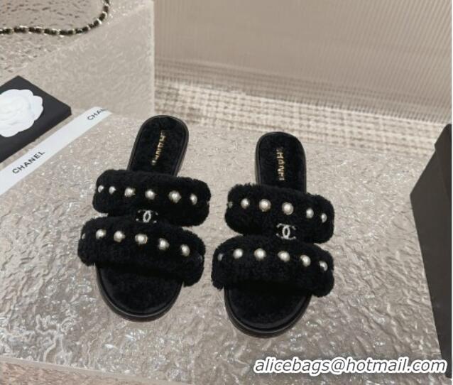 Unique Discount Chanel Shearling Flat Slide Sandals with Pearls Black 901037