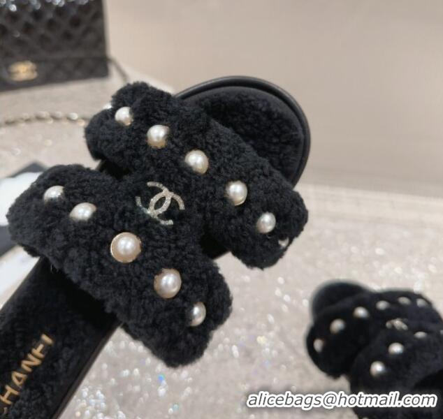 Unique Discount Chanel Shearling Flat Slide Sandals with Pearls Black 901037