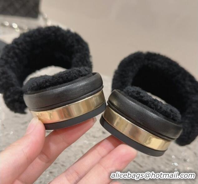 Unique Discount Chanel Shearling Flat Slide Sandals with Pearls Black 901037