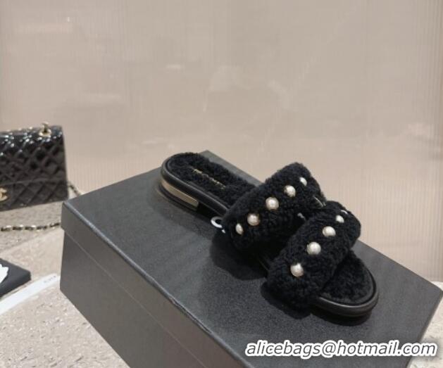 Unique Discount Chanel Shearling Flat Slide Sandals with Pearls Black 901037