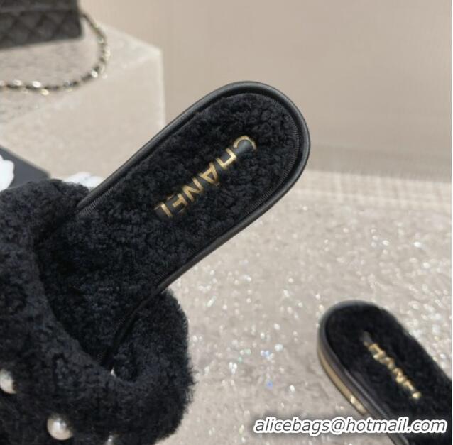 Unique Discount Chanel Shearling Flat Slide Sandals with Pearls Black 901037