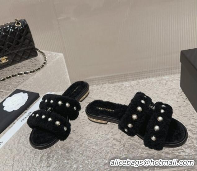 Unique Discount Chanel Shearling Flat Slide Sandals with Pearls Black 901037