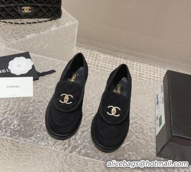 Sumptuous Chanel Fabric Loafers with Crystal CC Foldover Black 901038