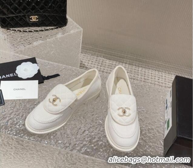 Good Looking Chanel Fabric Loafers with Crystal CC Foldover White 901039