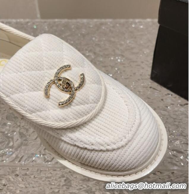 Good Looking Chanel Fabric Loafers with Crystal CC Foldover White 901039