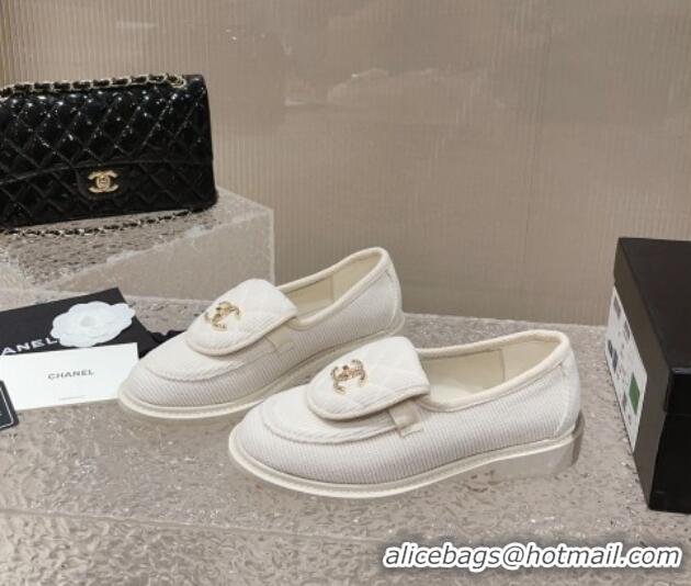 Good Looking Chanel Fabric Loafers with Crystal CC Foldover White 901039