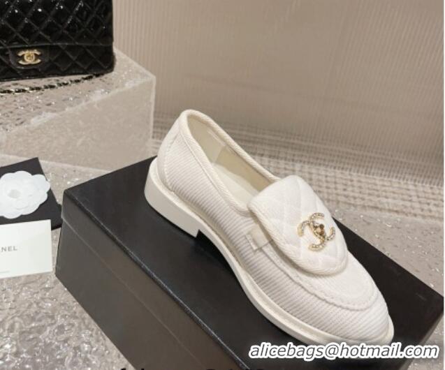 Good Looking Chanel Fabric Loafers with Crystal CC Foldover White 901039