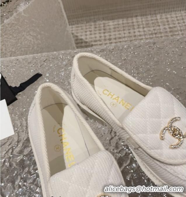 Good Looking Chanel Fabric Loafers with Crystal CC Foldover White 901039