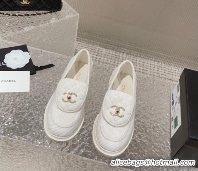 Good Looking Chanel Fabric Loafers with Crystal CC Foldover White 901039