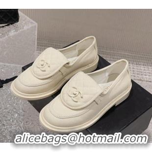 Best Product Chanel Canvas Loafers with Matte CC Foldover Cream White 901040