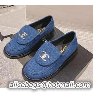 Good Quality Chanel Blue Denim Loafers with Crystal CC Foldover 901044