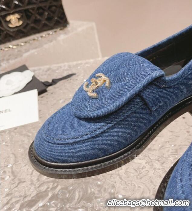 Good Quality Chanel Blue Denim Loafers with Crystal CC Foldover 901044