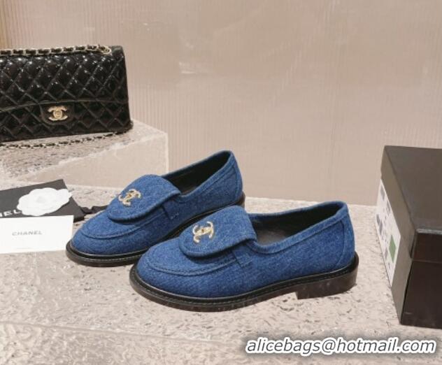 Good Quality Chanel Blue Denim Loafers with Crystal CC Foldover 901044