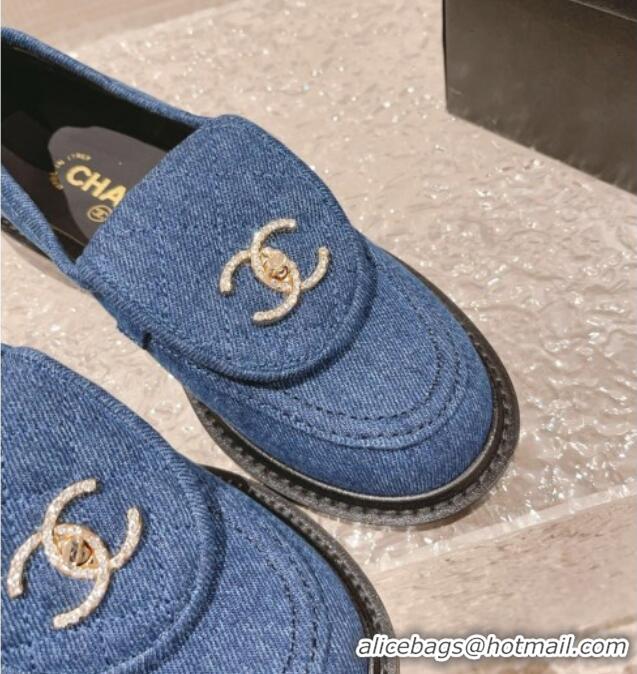 Good Quality Chanel Blue Denim Loafers with Crystal CC Foldover 901044