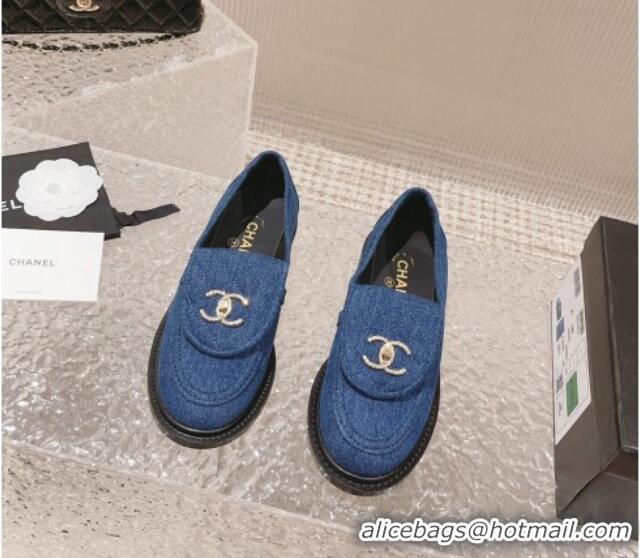 Good Quality Chanel Blue Denim Loafers with Crystal CC Foldover 901044