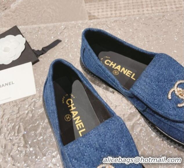 Good Quality Chanel Blue Denim Loafers with Crystal CC Foldover 901044