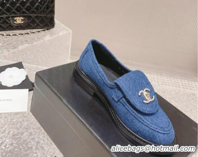 Good Quality Chanel Blue Denim Loafers with Crystal CC Foldover 901044