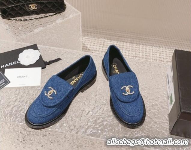 Good Quality Chanel Blue Denim Loafers with Crystal CC Foldover 901044