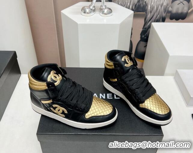 Good Taste Chanel Quilted Calfskin High-top Sneakers Black/Gold 901048