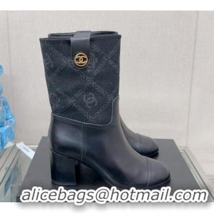 Good Product Chanel Calfskin & Denim Heel Ankle Boots Black 904043