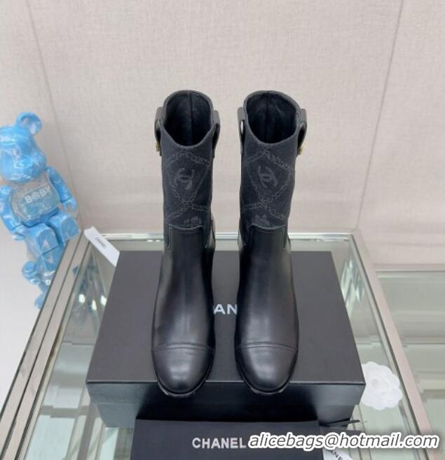 Good Product Chanel Calfskin & Denim Heel Ankle Boots Black 904043