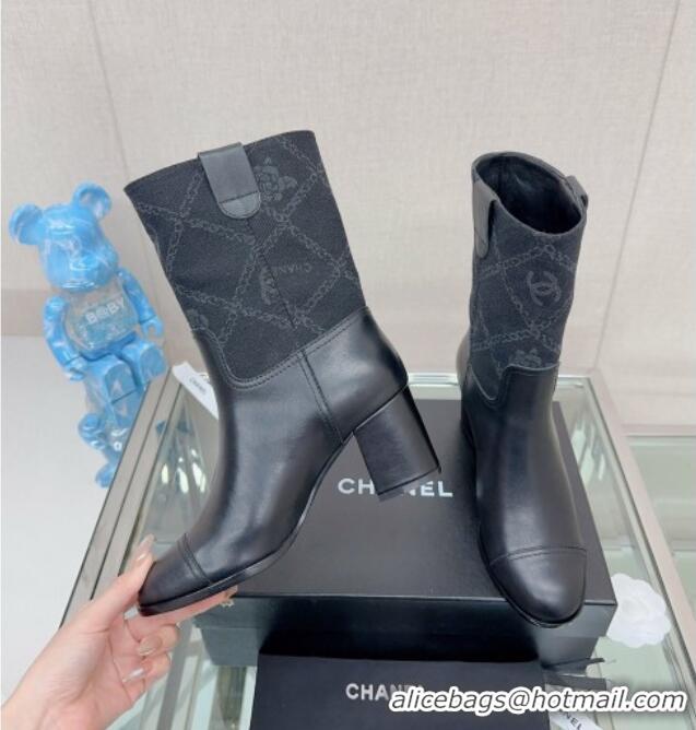 Good Product Chanel Calfskin & Denim Heel Ankle Boots Black 904043