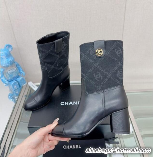 Good Product Chanel Calfskin & Denim Heel Ankle Boots Black 904043