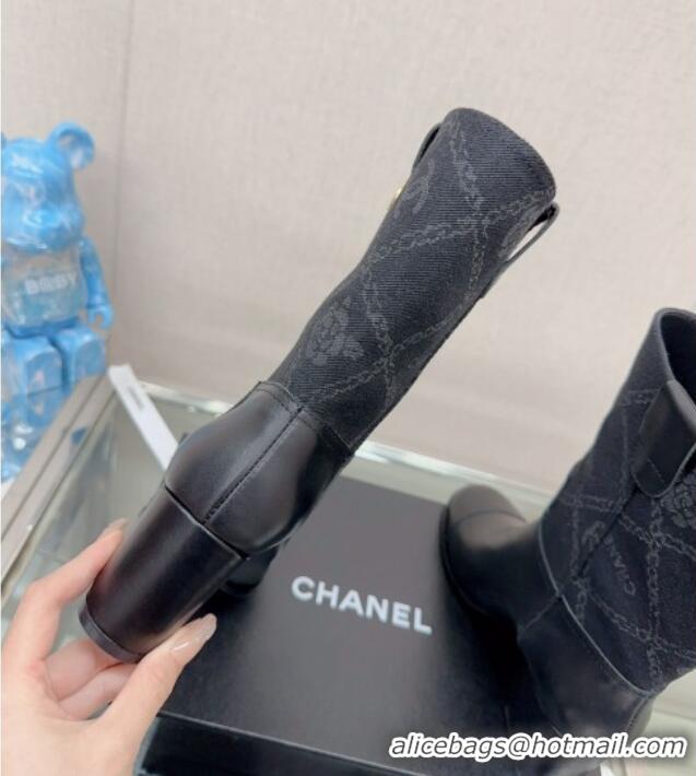 Good Product Chanel Calfskin & Denim Heel Ankle Boots Black 904043