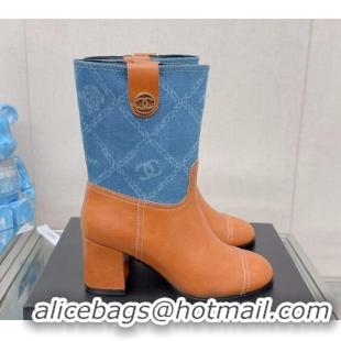 Low Cost Chanel Calfskin & Denim Heel Ankle Boots Blue/Brown 904044