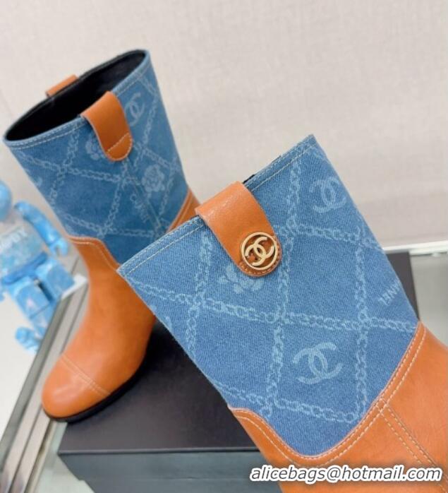 Low Cost Chanel Calfskin & Denim Heel Ankle Boots Blue/Brown 904044