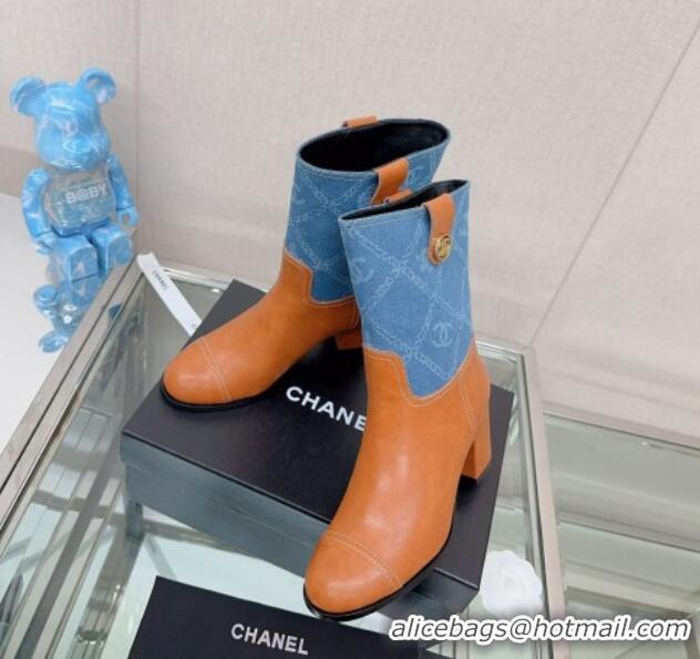 Low Cost Chanel Calfskin & Denim Heel Ankle Boots Blue/Brown 904044