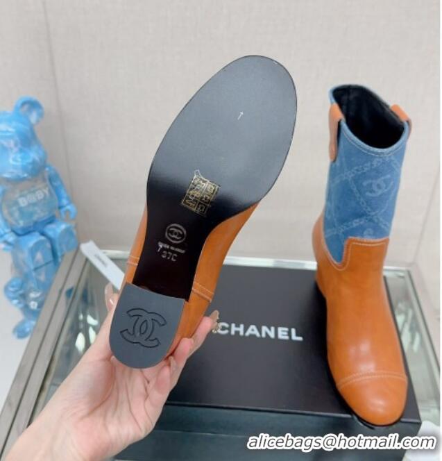 Low Cost Chanel Calfskin & Denim Heel Ankle Boots Blue/Brown 904044