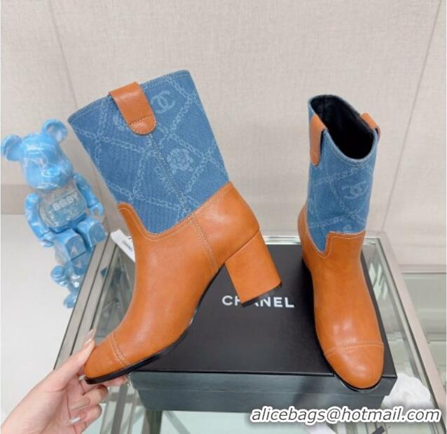 Low Cost Chanel Calfskin & Denim Heel Ankle Boots Blue/Brown 904044