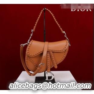 Unique Grade Dior Medium Saddle Bag with Studs in Smooth Calfskin CD1117 Brown/Silver 2023