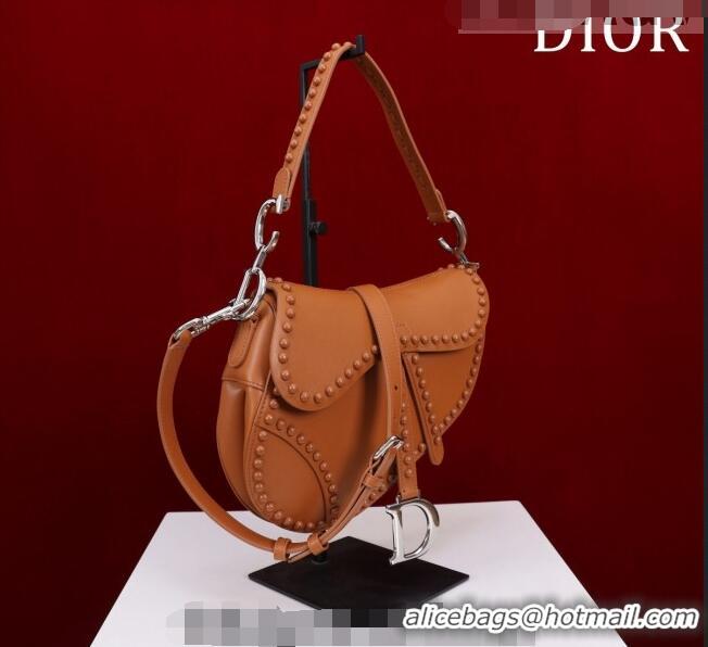 Unique Grade Dior Medium Saddle Bag with Studs in Smooth Calfskin CD1117 Brown/Silver 2023