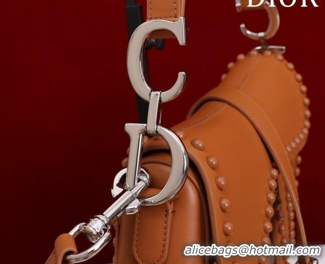 Unique Grade Dior Medium Saddle Bag with Studs in Smooth Calfskin CD1117 Brown/Silver 2023