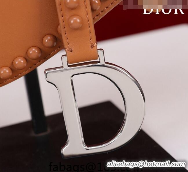 Unique Grade Dior Medium Saddle Bag with Studs in Smooth Calfskin CD1117 Brown/Silver 2023