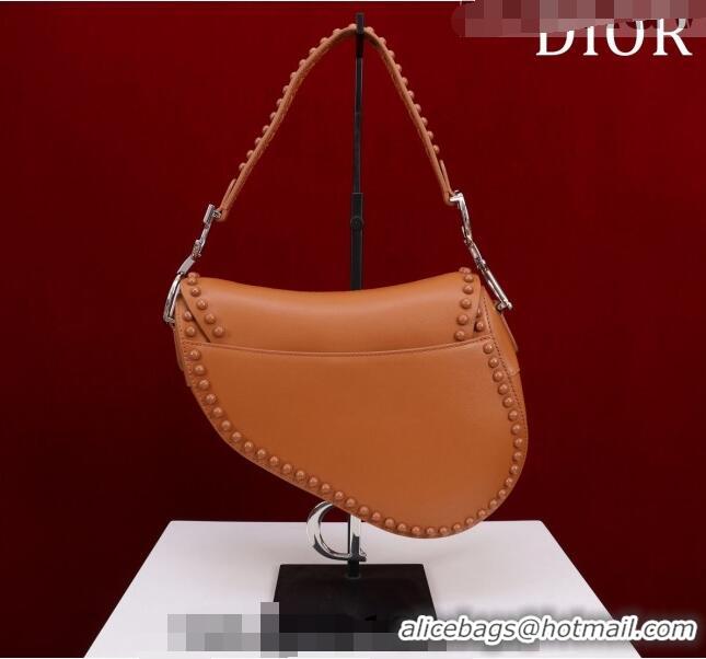 Unique Grade Dior Medium Saddle Bag with Studs in Smooth Calfskin CD1117 Brown/Silver 2023