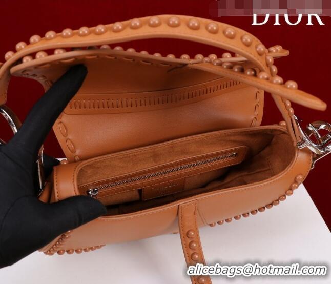 Unique Grade Dior Medium Saddle Bag with Studs in Smooth Calfskin CD1117 Brown/Silver 2023