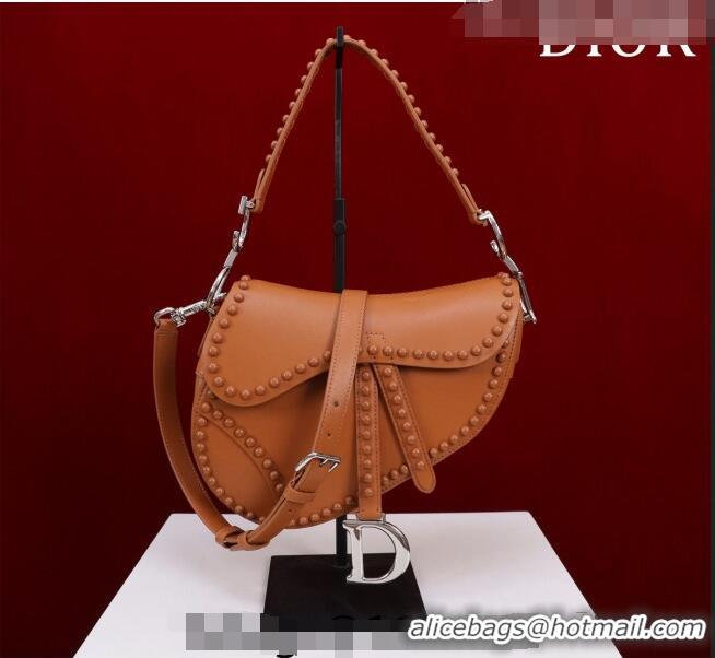 Unique Grade Dior Medium Saddle Bag with Studs in Smooth Calfskin CD1117 Brown/Silver 2023