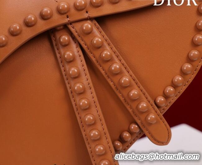 Unique Grade Dior Medium Saddle Bag with Studs in Smooth Calfskin CD1117 Brown/Silver 2023